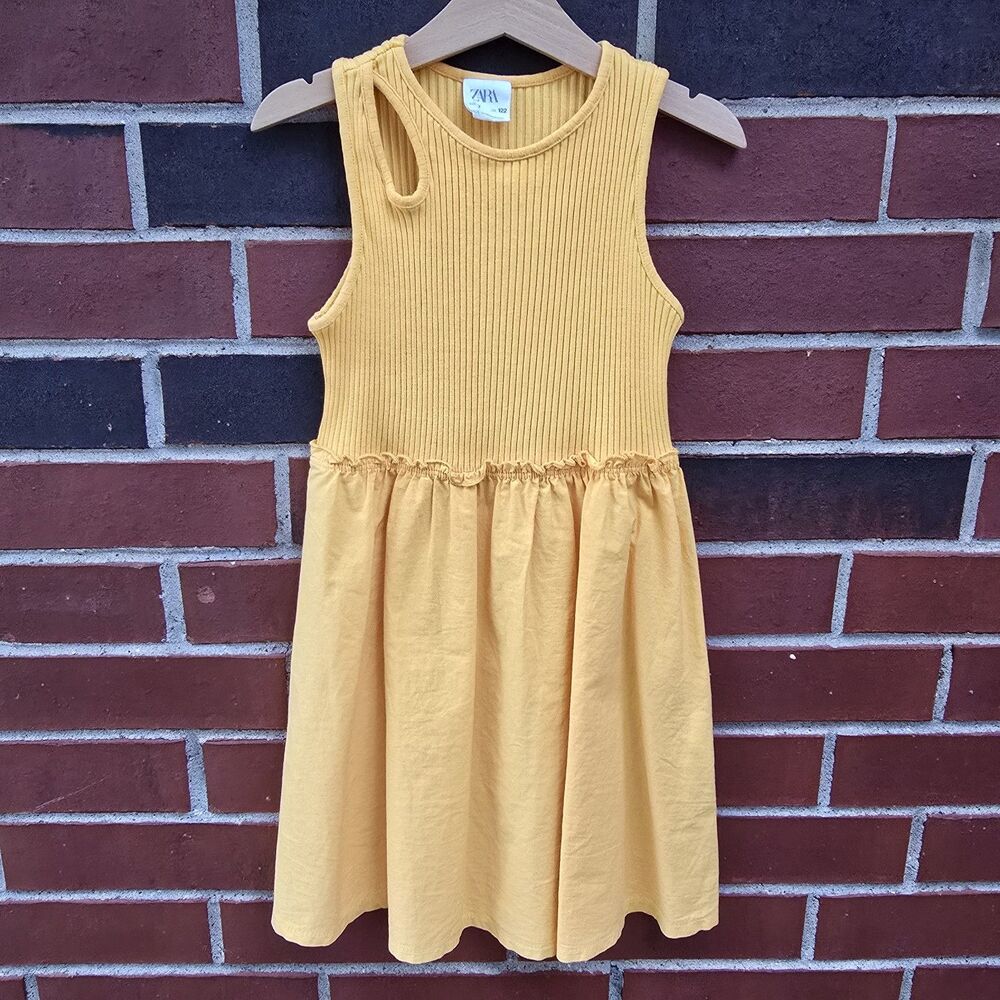 Zara Girls Size 7 Rib Cotton Dress Mustard Cut Out Detail Sleeveless Exc Stretch